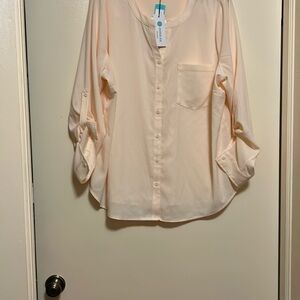 Orange Button Down Top with Puff Sleeves and Mandarin Collar